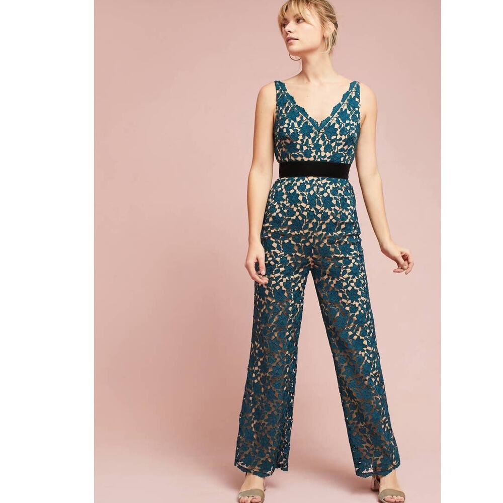 New Anthropologie ML Monique Lhuillier Lace V-Neck Jumpsuit $350 SIZE 10 Green